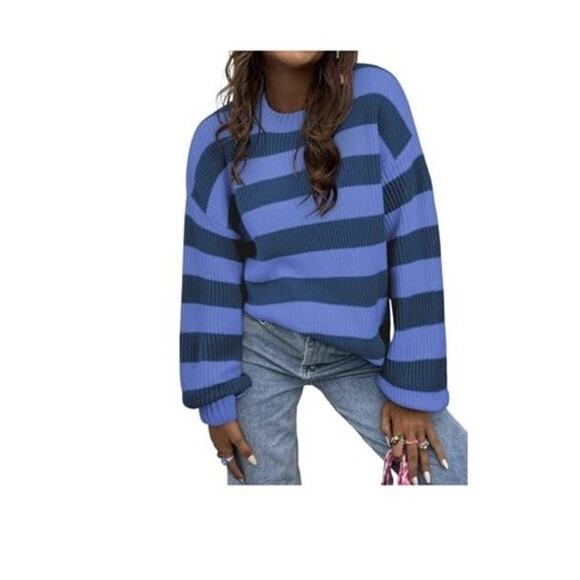 Color-Block Pullover Sweater Womens Size Medium Blue Lightweight Casual Stripes - Picture 1 of 5
